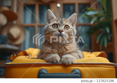 British cat is lying on top of a yellow suitcase 117625196