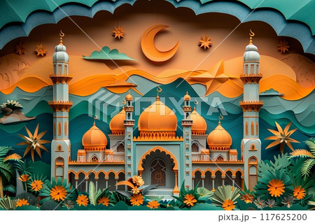 Paper cut out of a mosque with a large orange dome and a large moon in the sky Paper cut out of a mosque with a large orange dome and a large moon in the sky 117625200