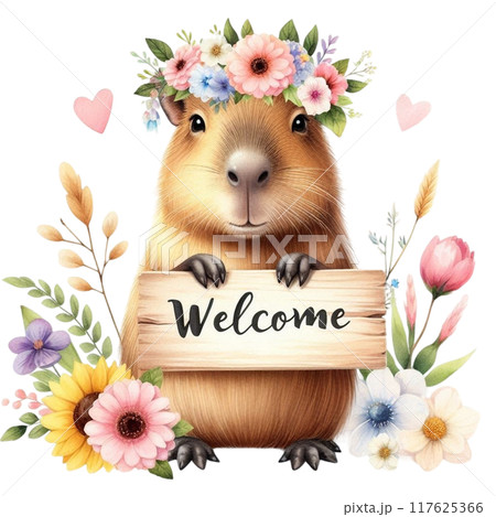 Cute Capybara holding a welcome sign 117625366