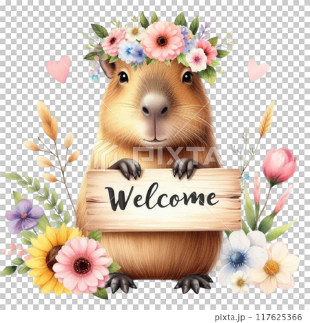 Cute Capybara holding a welcome sign 117625366