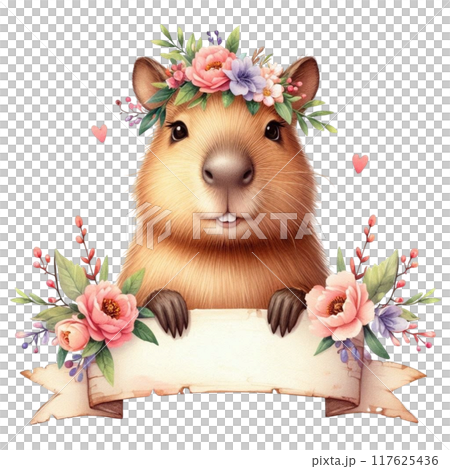 Cute Capybara holding a white banner sign Cute Capybara holding a white banner sign 117625436