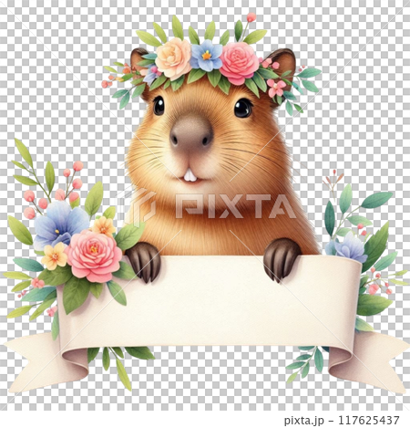 Cute Capybara holding a white banner sign Cute Capybara holding a white banner sign 117625437