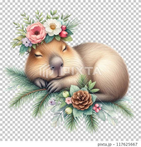 Cute Capybara sleeping on a pine branch Cute Capybara sleeping on a pine branch 117625667