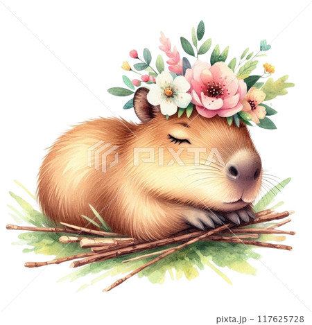 Cute Capybara sleeping in the grass 117625728