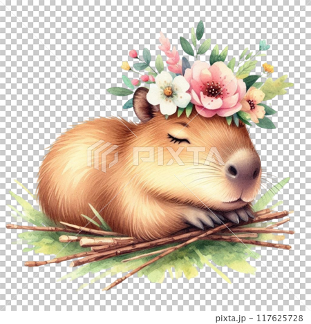 Cute Capybara sleeping in the grass 117625728