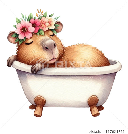 Cute Capybara sleeping in the bathtub 117625731