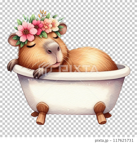 Cute Capybara sleeping in the bathtub 117625731