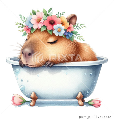 Cute Capybara sleeping in the bathtub 117625732