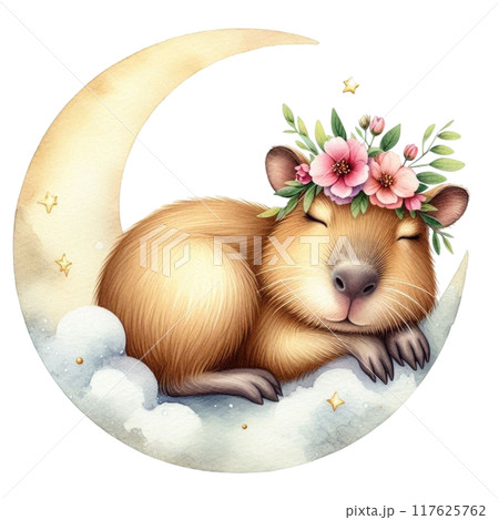 Cute Capybara sleeping on the moon 117625762