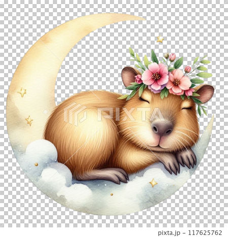 Cute Capybara sleeping on the moon 117625762