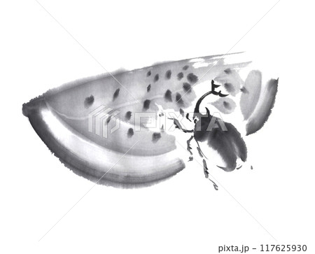 スイカを食べるカブトムシ 水墨画 スイカを食べるカブトムシ 水墨画 117625930