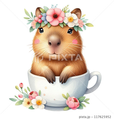 Cute Capybara standing on a coffee cup 117625952