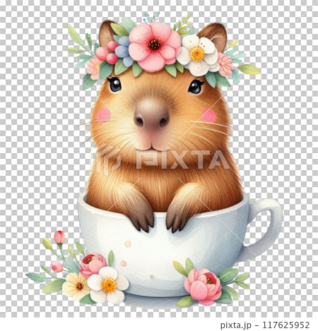 Cute Capybara standing on a coffee cup 117625952