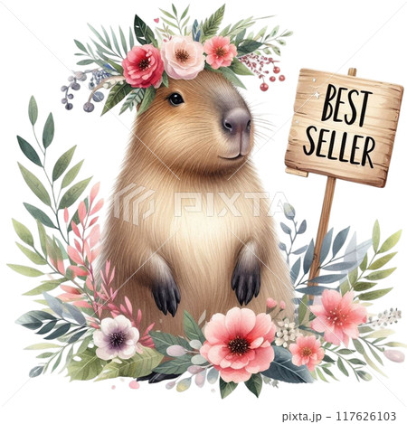 Cute Capybara holding a Best seller sign 117626103