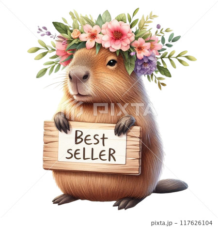 Cute Capybara holding a Best seller sign 117626104