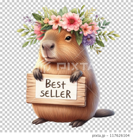 Cute Capybara holding a Best seller sign 117626104