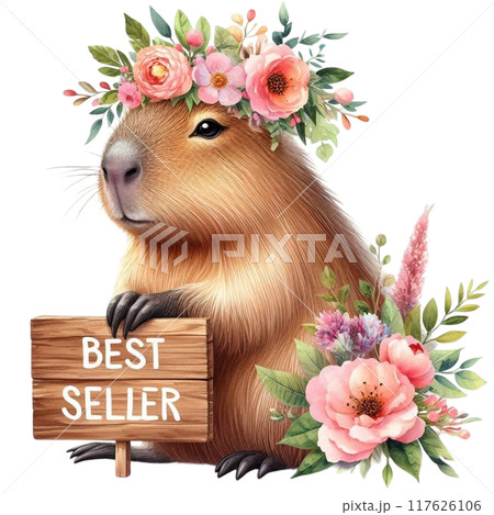 Cute Capybara holding a Best seller sign 117626106