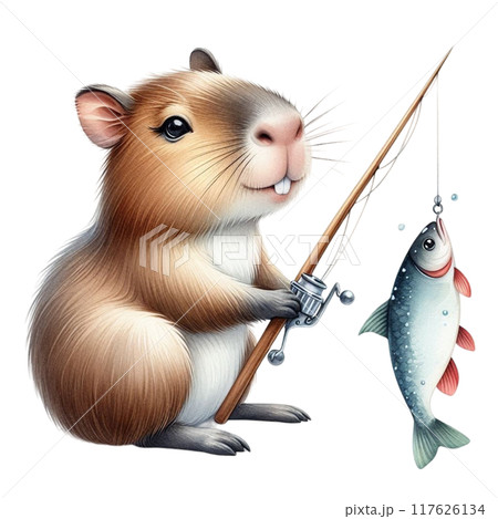 Cute Capybara holding a fishing rod 117626134