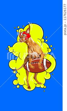 Poster. Contemporary artwork. Sporty dog in red football helmet clutches ball, ready to score against blue background with yellow smoke. Cartoon art style. Poster. Contemporary artwork. Sporty dog in red football helmet clutches ball, ready to score against blue background with yellow smoke. Cartoon art style. 117626177