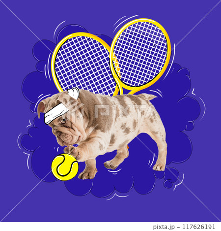 Poster. Contemporary artwork. Little purebred dog, dressed as sportsman playing with tennis ball and holding rackets. Cartoon art style. 117626191