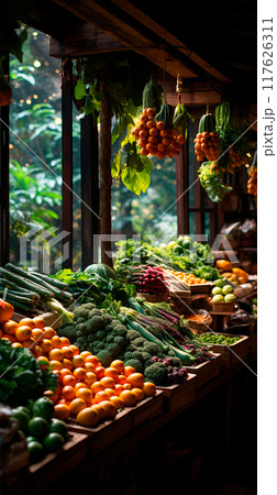Asian food market, fresh vegetables and fruits - AI generated image Asian food market, fresh vegetables and fruits - AI generated image 117626311