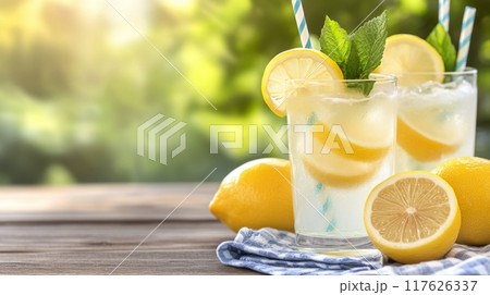 Refreshing lemonades with mint and lemon slices on a wooden table in the sunlight 117626337