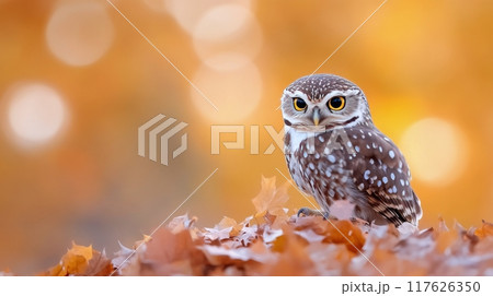 A spotted owl perched among colorful autumn leaves in a serene park at sunset 117626350