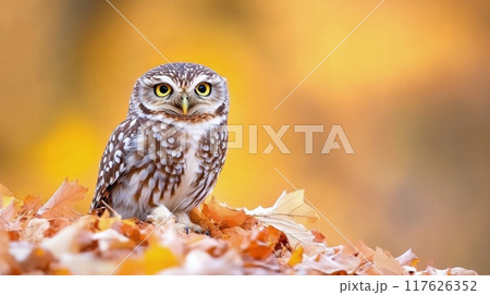 A spotted owl perched among colorful autumn leaves in a serene park at sunset 117626352