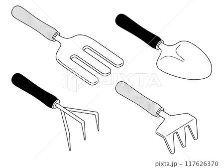 園芸用品セット:シャベル・フォーク(斜めアングル) 園芸用品セット:シャベル・フォーク(斜めアングル) 117626370