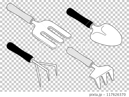 園芸用品セット:シャベル・フォーク(斜めアングル) 園芸用品セット:シャベル・フォーク(斜めアングル) 117626370