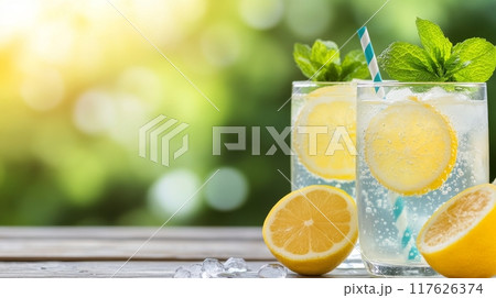 Refreshing lemonades with mint and lemon slices on a wooden table in the sunlight 117626374