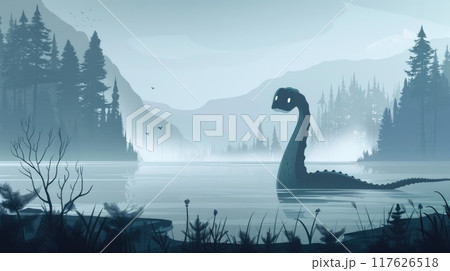 loch ness monster in lake on foggy day illustration 117626518