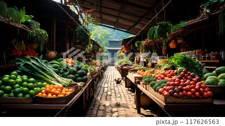 Asian food market, fresh vegetables and fruits - AI generated image 117626563