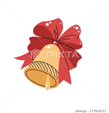 Christmas golden bell with red bow on white background. School bell. Christmas and New Year decoration. Suitable for stickers, prints and design. Christmas golden bell with red bow on white background. School bell. Christmas and New Year decoration. Suitable for stickers, prints and design. 117626721