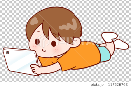男孩在平板電腦上看視頻 117626768