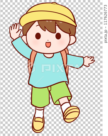 Elementary school boy walking with his hand raised 117626773