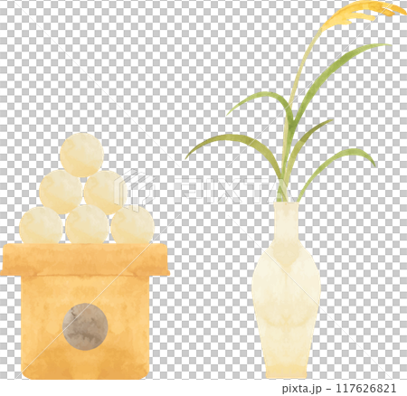 水彩で描いたお月見だんごとススキのイラスト 水彩で描いたお月見だんごとススキのイラスト 117626821