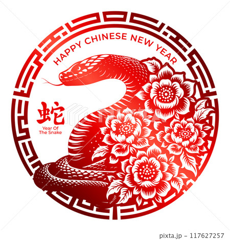 Year of the snake 2025 sign. snake with oriental orchid flower vector illustration. Translation : Snake 117627257