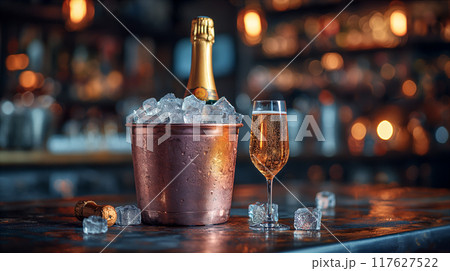 Chilled champagne bottle in ice filled bucket, celebration concept background. Generative AI 117627522