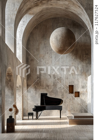 Black Grand Piano In Modern Interior. Generative AI 117627524