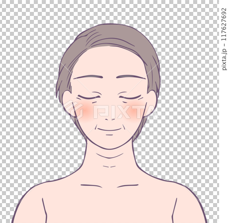 Upper body of a middle-aged woman with a healthy complexion and closed eyes, beauty illustration Upper body of a middle-aged woman with a healthy complexion and closed eyes, beauty illustration 117627692