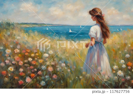 A girl standing by the sea in a meadow with flowers. Oil painting in the style of Impressionism 117627756