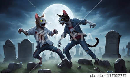 two zombie cats in a spooky old cemetery at dusk 117627771