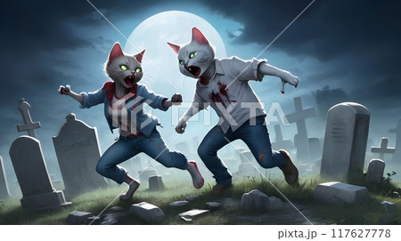 ghostly graveyard scene featuring two zombie cats at dusk 117627778