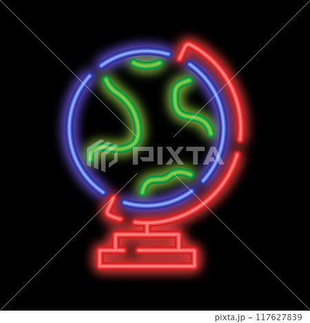 Neon glowing school globe on stand. Studying geography at school. Planet earth model for training. Glowing neon icon isolated on black background 117627839