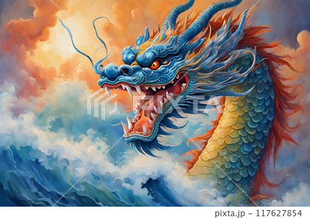 A colorful Chinese brush painting of a highly detailed colorful Chinese dragon baring its fangs. 117627854