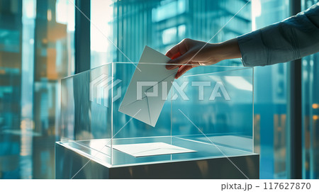 投票用紙を持つ手に焦点を当てた投票シーン 117627870