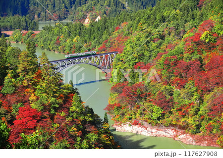 【福島県】只見川第1橋梁を渡る紅葉列車 117627908