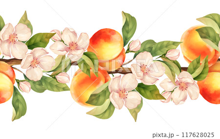 Hand-drawn pattern, seamless fruit border of peaches and leaves. 117628025