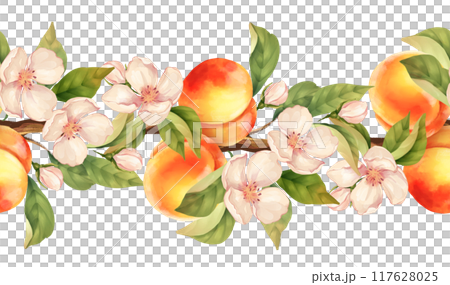 Hand-drawn pattern, seamless fruit border of peaches and leaves. 117628025